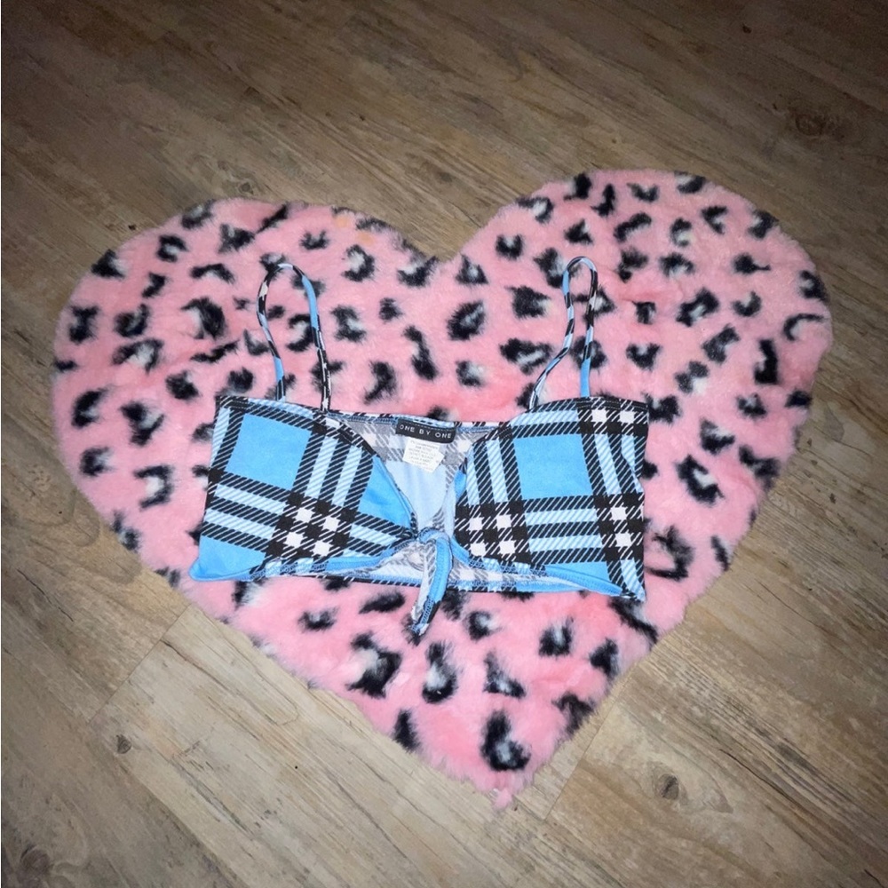 blue plaid top, size small, brand ‘one by one’